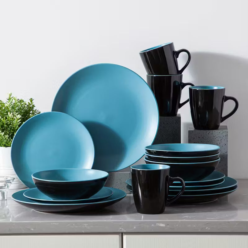 Matte Blue Stoneware Dinnerware Set – 16 Pieces