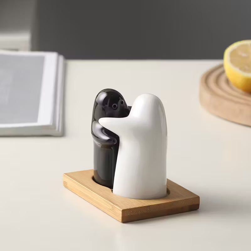 "Sweet Embrace" Vintage Ceramic Salt & Pepper Cruet Set- 3-Piece